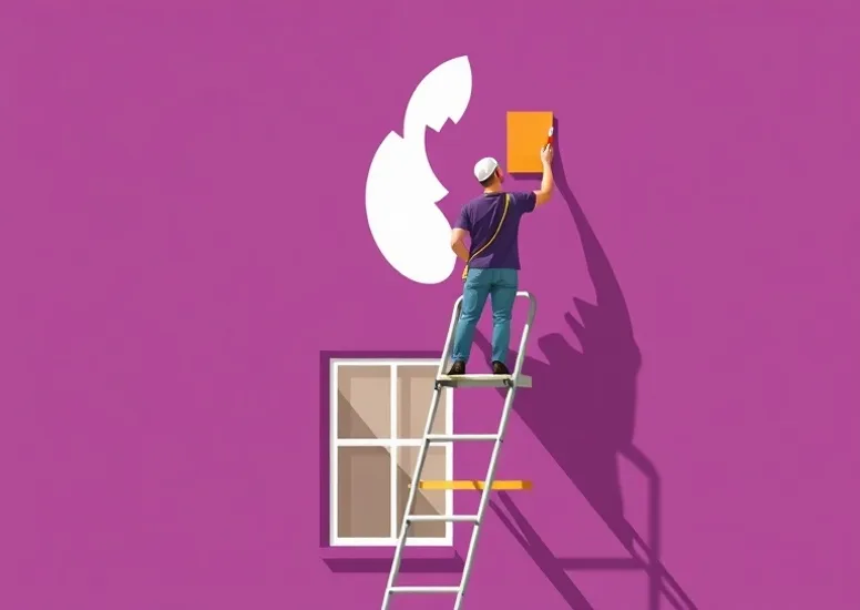 Peintre sur échafaudage traitant la façade d'une maison